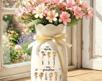 Custom First Mom Now Grandma Ceramic Flower Vase, Birth Month Flower Butterfly Vase, Grandmas Garden Vase,Gift for Mom Nana,Mothers Day Gift