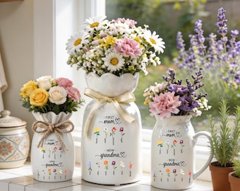 Personalized First Mom Now Grandma Birth Flower Vase, Custom Flower Keepsake With Name Vase, Unique Gift for Mother/Nana/Nanny/Grandma