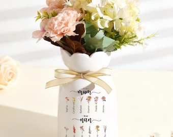 Grand vase personnalisé à fleurs pour le mois de naissance pour maman, première maman maintenant grand-mère, vase avec nom d'enfant, cadeau de fête des mères pour grand-mère