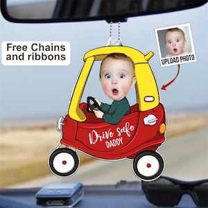 パーソナライズされた1～5歳のお子様の写真入りアクリル製車用ハンガー、安全運転パパのアクリル製車用ハンガー、新米パパへのギフト、彼への初めての父の日ギフト、お父さんへのギフト