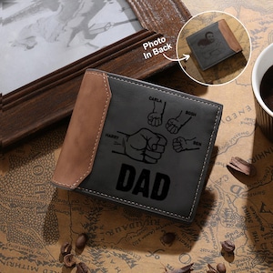 Personalisierte Leder Foto Brieftasche für Papa, Fist Bump mit Kindern, Leder Walt Geschenkbox, Familie Fist Bump Dad Brieftasche Geschenk, Geschenk für Papa, Opa