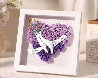 Custom Flower Shadow Box For Mom,Name&Text Heart Rose Frame,Holding Hands Rose Frame With Grandkids Names,Mother's Day Gift For Grandma Nana