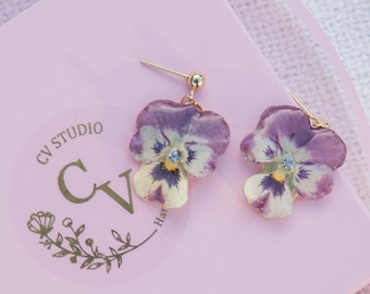 Hypoallergenic Earrings  from Real Viola or Pansy Flower Handmade and Painted w Resin for Bridal, Wedding, Gifts for Her 24K  Gold Plated