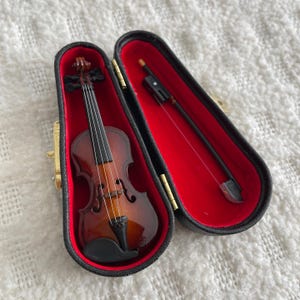 Puede incluir: Un viol&iacute;n en miniatura con un cuerpo de madera marr&oacute;n y cuerdas negras en una caja forrada de terciopelo negro con interior rojo. El viol&iacute;n viene con un arco negro.
