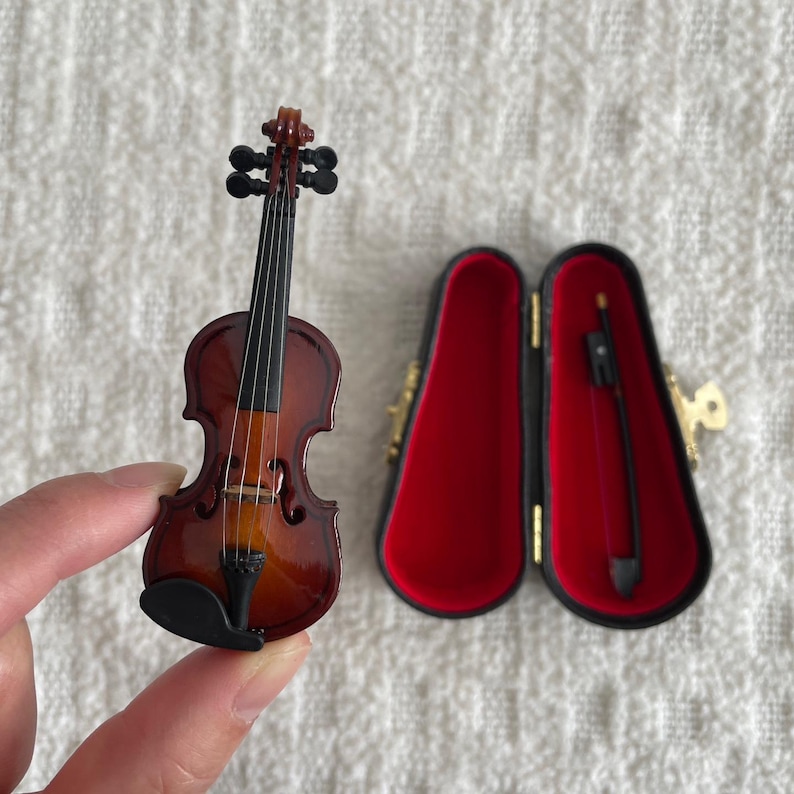 Puede incluir: Un viol&iacute;n en miniatura con un cuerpo de madera marr&oacute;n y cuerdas negras, en una caja negra con un interior de terciopelo rojo.