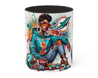 Cute Dolphins Coffee Mug - Bold Football Fan Art for Women - Unique NFL Gift for Her - Sports Lover Ceramic Cup