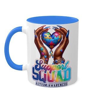 Autism Awareness Support Squad Colorful Mugs, 11oz. Vibrant coffee cup for autism advocates. Perfect gift for Autism Awareness Month