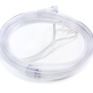 May include: A clear plastic oxygen tubing set with a nasal cannula. The tubing is coiled and the cannula is attached to the end of the tubing.
