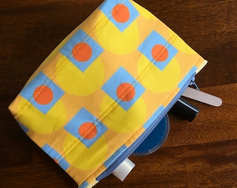 Zipper Pouch made with custom designed fabric, "Sunny and Square"