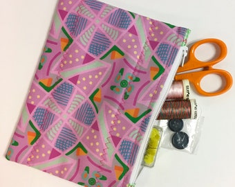 Zipper Pouch made with custom fabric - "Pink Pinwheels" and "Give it a Whirl"