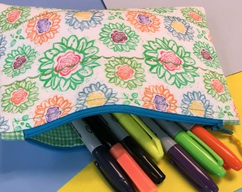 Zipper pouch made with custom designed fabric and quilted - "Stamp Flower"