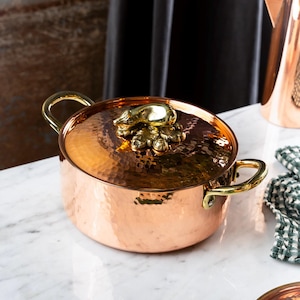 Handcrafted hammered Copper Casserole, deep copper pot with lid, food safe and natural tin-lined interior, copper stockpot, English home