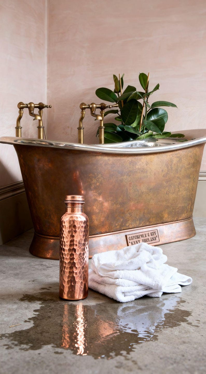 May include: A hammered copper water bottle with a screw-top lid stands next to a stack of folded white towels. Behind them is a large copper bathtub with brass faucets and a metal plaque reading Catchpole & Rye Kent England.