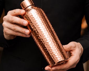 Handcrafted Hammered Copper Water Bottle, Reusable 1000ml for Dad
