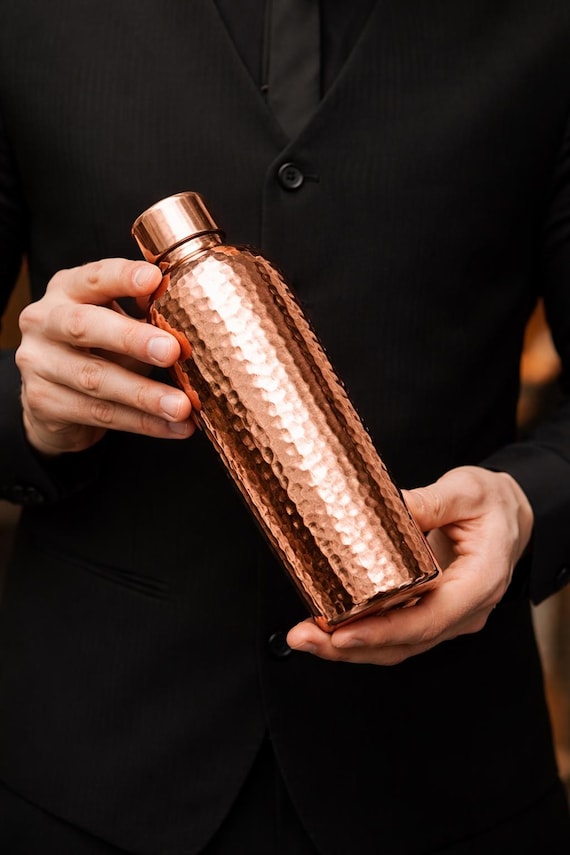 Handcrafted Hammered Copper Water Bottle, Reusable 1000ml for Dad