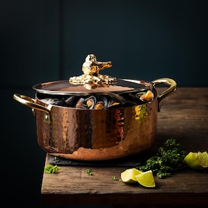 Handcrafted Copper Casserole Pot with Bronze Broccoli Lid