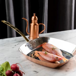 Handgemaakte koperen braadpan, Frans geïnspireerd ontwerp, vierkante pan
