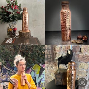 May include: A cylindrical copper water bottle featuring a hammered, textured surface and a matching metallic screw-top lid. The bottle has a narrow neck and a wide body, reflecting light across its polished, reddish-brown metallic finish.