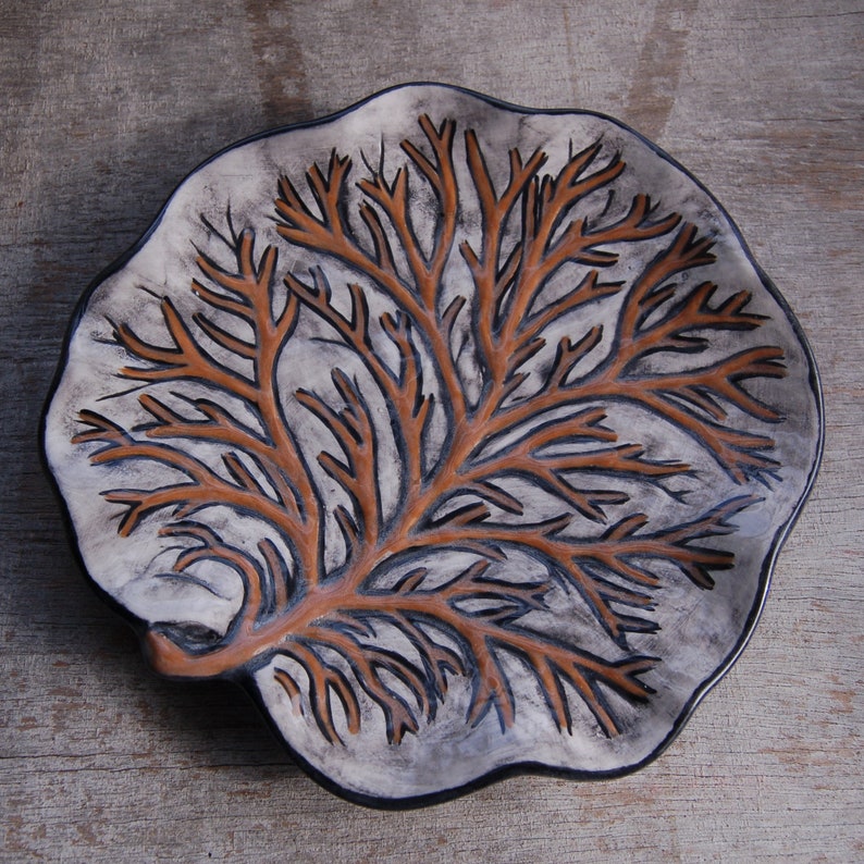 Earthy, organic ceramic plate. Microwave safe. Hand wash or use top shelf of dishwasher. Functional art you can leave on display image 1