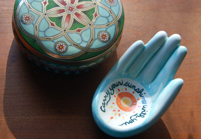 Ceramic hand has the message Carry your sunshine with you. Hand-painted with underglazes and ready to display on a table or wall. image 1