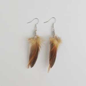 Peut inclure: Une paire de boucles d'oreilles en plumes avec des crochets argentés. Les boucles d'oreilles présentent des plumes marron et beige, avec un petit détail de spirale argentée au-dessus des plumes. Les plumes ont un aspect naturel et texturé.