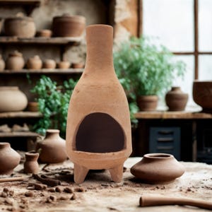 Op de afbeelding: Een terracotta wierookbrander met een ronde opening en drie poten. De brander staat op een houten oppervlak met andere aardewerk items op de achtergrond.
