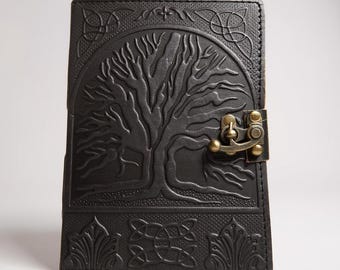 Tree Embossed Leather Journal | Handmade Color Paper | Vintage | Lock Closure | 200 Deckle Antique Pages