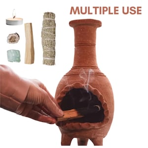 Pu&ograve; includere: Un bruciatore di incenso in terracotta con un'apertura rotonda e una colonna di fumo che sale da esso. Una mano tiene un bastoncino di incenso sopra l'apertura. Il testo "MULTIPLE USE" &egrave; visibile nell'angolo in alto a destra dell'immagine.