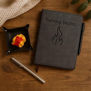 May include: A dark gray journal with the words "Burning Desires" and a flame graphic embossed on the cover. A black pen rests beside the journal. A small black tray holds a crumpled paper flower. A silver pen lies on the wooden surface.