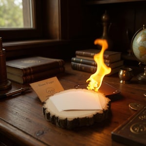Könnte beinhalten: Ein Holztisch mit einer brennenden Flamme, einem kleinen Stück Papier und einem Stapel Bücher. Die Flamme ist orange und gelb. Auf dem Papier steht "Burn Paper". Ein Stift und ein Globus sind ebenfalls zu sehen.
