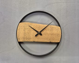 Wall clock made of reclaimed wood, 30 cm, powder-coated aluminum ring, silent movement, modern wooden clock, handmade, housewarming gift