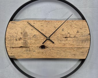 Wall clock made of reclaimed wood, 45 cm, powder-coated aluminum ring, silent movement, modern wooden clock, handmade, housewarming gift