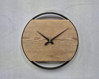 Wall clock made of reclaimed wood, 30 cm, powder-coated aluminum ring, silent movement, modern wooden clock, handmade, housewarming gift