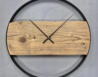Wall clock made of reclaimed wood, 45 cm, powder-coated aluminum ring, silent movement, modern wooden clock, handmade, housewarming gift