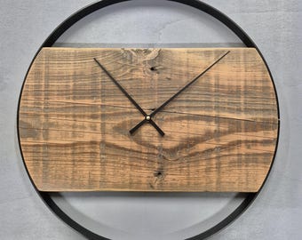 Wall clock made of reclaimed wood, 45 cm, powder-coated aluminum ring, silent movement, modern wooden clock, handmade, housewarming gift