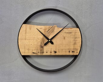 Wall clock made of reclaimed wood, 30 cm, powder-coated aluminum ring, silent movement, modern wooden clock, handmade, housewarming gift