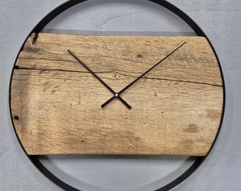 Wall clock made of reclaimed wood, 45 cm, powder-coated aluminum ring, silent movement, modern wooden clock, handmade, housewarming gift