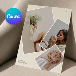 May include: A rectangular moodboard template featuring a beige background with three angled photo frames. The frames display images of a person holding flowers, a person drinking from a white mug, and a person wearing a tan shirt. Text reads 2030.