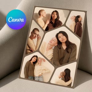 May include: A rectangular photo collage print featuring multiple images of two individuals in neutral-toned sweaters. The layout consists of six distinct, irregularly shaped panels with dark brown borders, showcasing various poses and close-up shots.