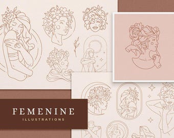 May include: A collection of feminine illustrations in a minimalist line art style. The images feature women with floral crowns and flowing hair, with the word "FEMENINE ILLUSTRATIONS" in a brown rectangle.