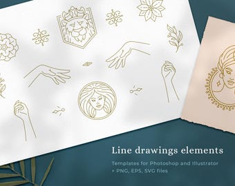 May include: Gold line drawings of various elements, including hands, floral designs, and a lion crest, are displayed on a white background. A separate card features a woman's portrait. The text "Line drawings elements" and file type information are also present.