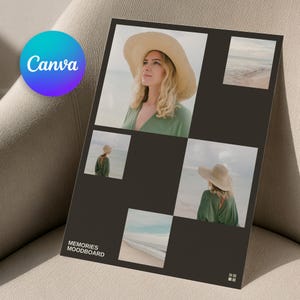 May include: A rectangular moodboard featuring four photographs of a person wearing a wide-brimmed straw hat and a green top at the beach, alongside two landscape shots of the ocean. The text MEMORIES MOODBOARD is printed in white at the bottom.