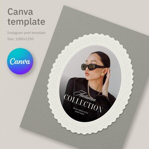 May include: A Canva template for an Instagram post featuring an oval frame with a decorative scalloped edge. Inside the frame is a photograph of a person wearing black sunglasses and a black top, with the text Autumn COLLECTION REALLYGREATSITE SHOP NOW.