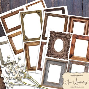 Hoja de collage digital con marcos de madera para manualidades, diarios basura, álbumes de recortes, tarjetas, arte alterado, técnicas mixtas y clipart