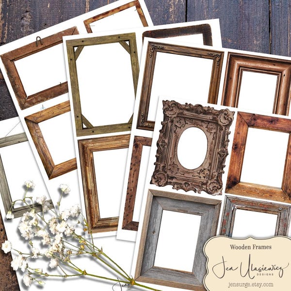 Arkusz kolażu cyfrowego z rustykalnymi drewnianymi ramkami (PNG, PDF)