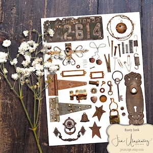Folha de colagem digital Rusty Junk para artesanato / diário de lixo / scrapbook / cartões / arte alterada / mídia mista / clipart