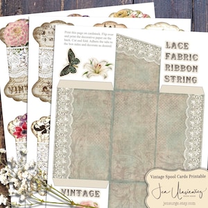 Cartes de bobine vintage imprimables, plateau découpé numérique pour créations artisanales de dentelle, de tissu, de ruban et de ficelle