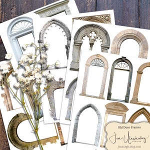 May include: A collection of printed images featuring various old door frames. The frames showcase diverse architectural styles, including arched and rectangular designs, with intricate details and textures. The color palette includes shades of gray, beige, and brown, with a touch of white. The images are arranged on a wooden surface.