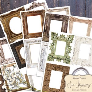 May include: Set of ten printable vintage picture frames with white backgrounds. The frames are in various styles and colors, including white, brown, and green. The frames are perfect for adding a touch of vintage charm to your photos and artwork.