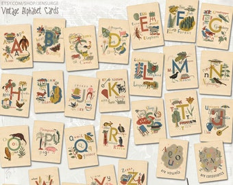 Vintage Alphabet Cards instant download ephemera pack, printable, digital collage, diary / junk journal, altered art, mixed media, clipart